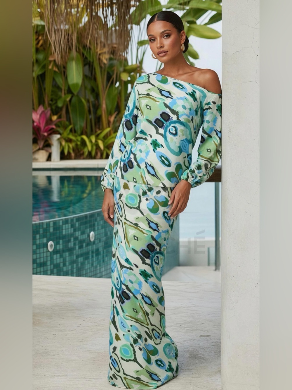 Two Piece Set Green Hydrangea Elegant Bohemian Off Shoulder Skirt & Top. - Picture 2 of 7